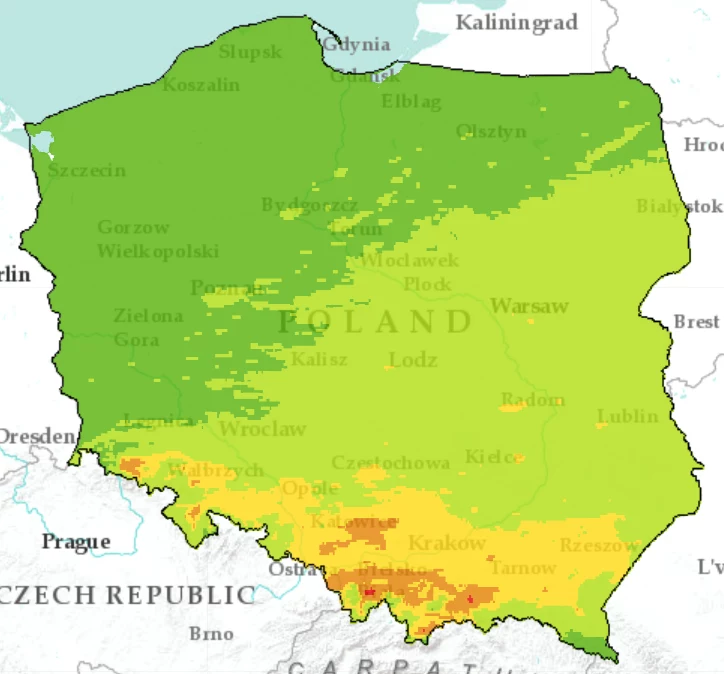Mapa dotycząca zanieczyszczenia powietrza w Polsce w środę (źródło mapy: gios.gov.pl)