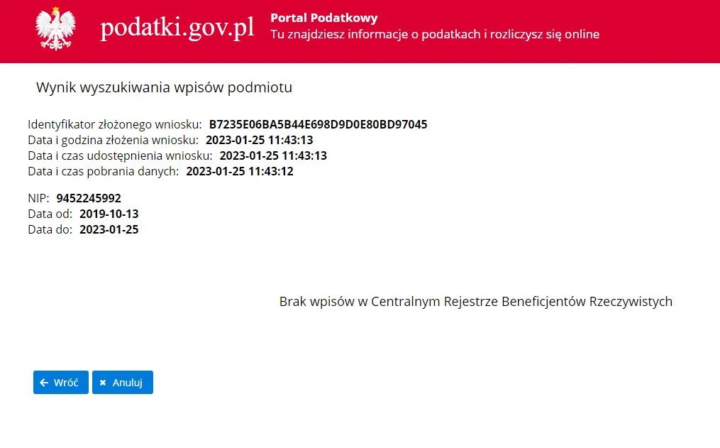 Brak zgłoszenia do Centralnego Rejestru Beneficjentów Rzeczywistych