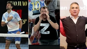 Novak Djoković kroczy od zwycięstwa do zwycięstwa, ale jego ojciec Srdjan (z prawej) zapozował do zdjęcia ze zwolennikiem Rosji mordującej ludzi na Ukrainie (w środku)