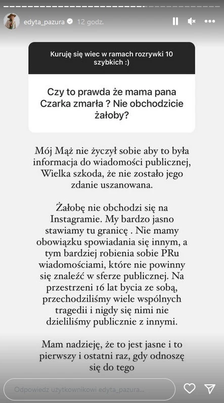 Edyta Pazura odniosła się do śmierci teściowej Edyta Pazura odniosła się do śmierci teściowej