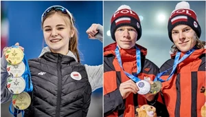 Po lewej Hanna Mazur (short track). Po prawej Klemens Joniak i Wiktor Szozda (skoki narciarskie). W sumie tych troje sportowców zdobyło 10 medali EYOF