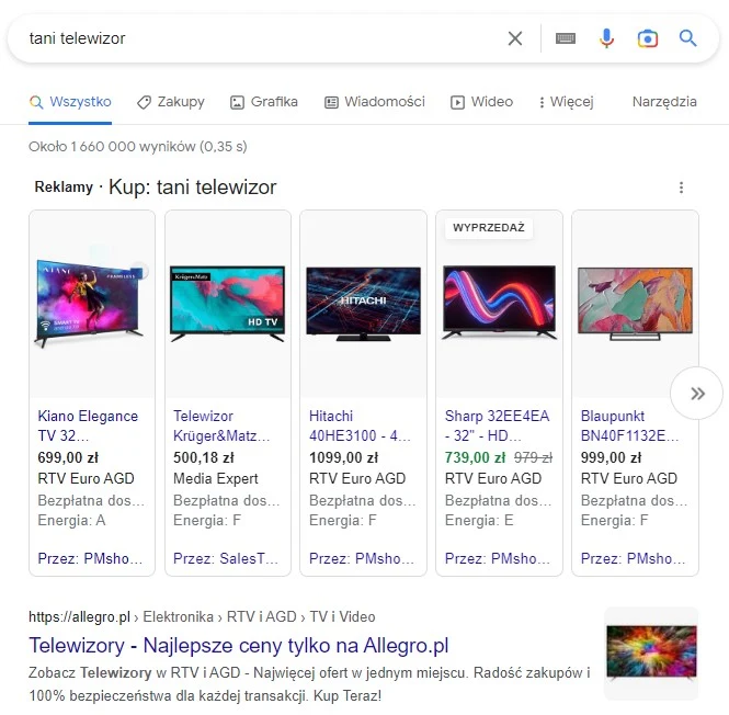 Wyniki wyszukiwań w Google