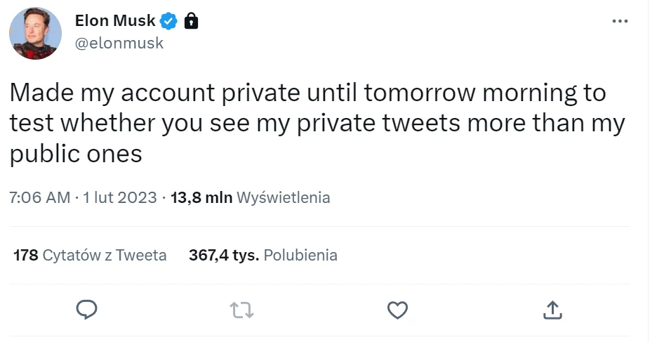 Po zmianie statusu na "prywatny" nie można zamieszczać tweetów Elona Muska w innych serwisach