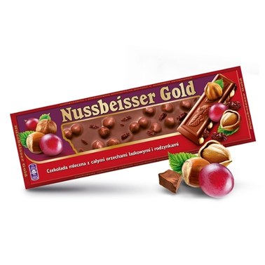 Nussbeisser Gold Czekolada mleczna z całymi orzechami laskowymi i rodzynkami 220 g - 0
