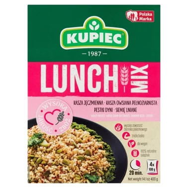Kupiec Lunch Mix kasza jęczmienna kasza owsiana pestki dyni siemię lniane 400 g (4 x 100 g) - 0