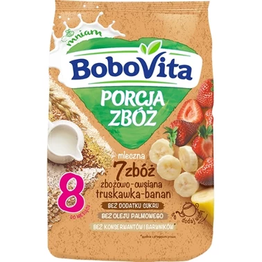 BoboVita Porcja zbóż Kaszka mleczna 7 zbóż zbożowo-owsiana truskawka-banan po 8 miesiącu 210 g - 0