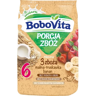 BoboVita Porcja zbóż Kaszka mleczna 3 zboża malina-truskawka-banan po 6 miesiącu 210 g - 0