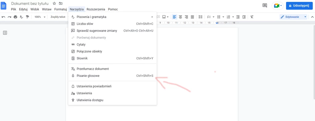 Aby korzystać z pisania głosowego w Dokumentach Google wystarczy konto i przeglądarka Chrome.