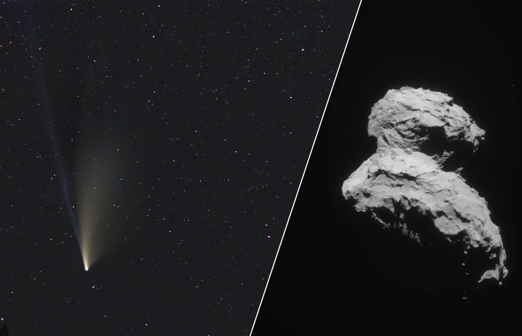 Jądro komety 67P/Churyumov–Gerasimenko sfotografowane przez sondę Rosetta wzbudza ogromną ciekawość, podobnie jak warkocze komety C/2020 F3 (NEOWISE).