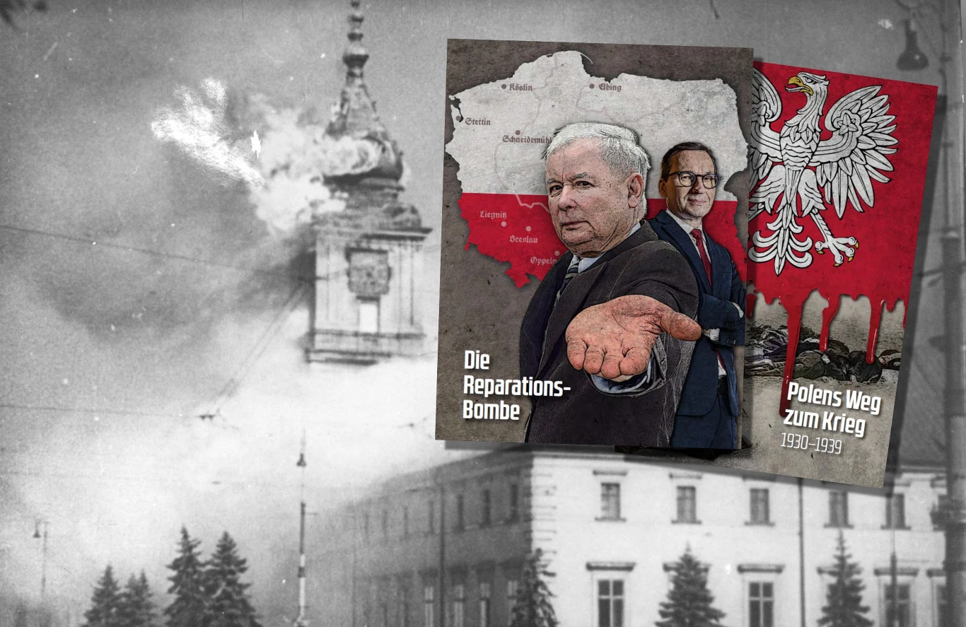 Grafiki wykorzystane w numerze „Compact Geschichte” poświęconym polskim żądaniom odszkodowań za straty wojenne. W tle płonący Zamek Królewski w 1939 roku, po ostrzale wojsk niemieckich (Wikimedia Commons) Grafiki wykorzystane w numerze „Compact Geschichte” poświęconym polskim żądaniom odszkodowań za straty wojenne. W tle płonący Zamek Królewski w 1939 roku, po ostrzale wojsk niemieckich (Wikimedia Commons)