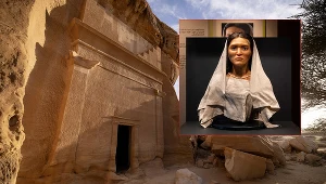 Na zdjęciu pozostałości starożytnego miasta Hegra. W miniaturce zrekonstruowana twarz kobiety Nabatejki