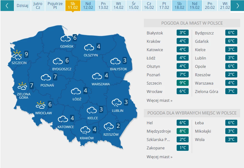 Prognoza pogody na sobotę 11.02.2023 Prognoza pogody na sobotę 11.02.2023