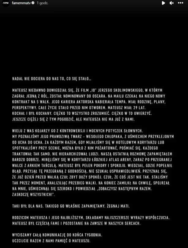 Mateusz Murański nie żyje. Fame MMA żegna go wzruszającym filmem "Żegnaj Mati" Mateusz Murański nie żyje. Fame MMA żegna go wzruszającym filmem "Żegnaj Mati"