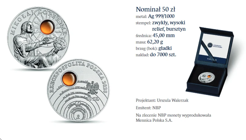 Moneta o nominale 50 zł wykonana jest ze srebra, ma średnicę 45 milimetrów, masę 62,2 grama, gładki brzeg oraz wysoki relief. Moneta zawiera dodatkowy element – wklejkę bursztynową. Fot. NBP