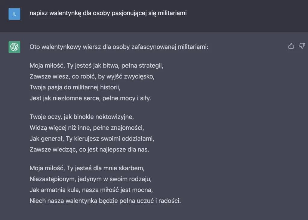AI pisze walentynkę dla osoby pasjonującej się militariami