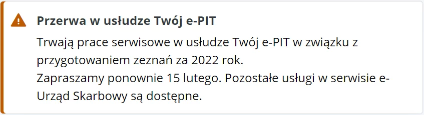 Komunikat na stronie e-Urząd Skarbowy