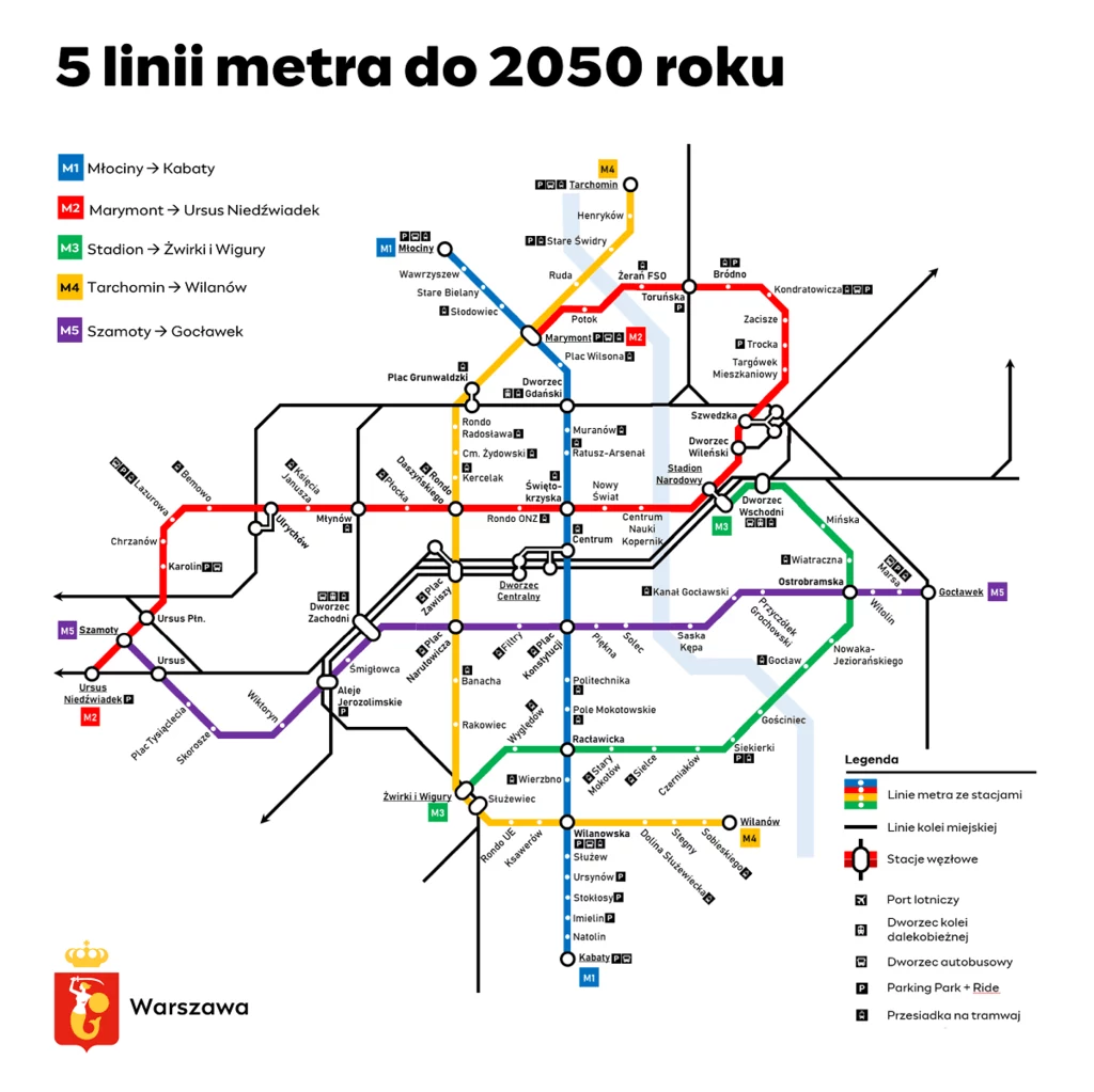 Do 2050 roku w Warszawie funkcjonować będzie 5 linii metra