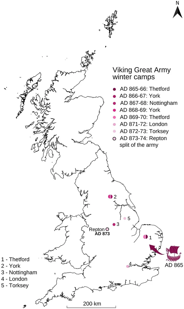 Położenie Reptona i ruchy Wielkiej Armii Wikingów według Kroniki anglosaskiej.