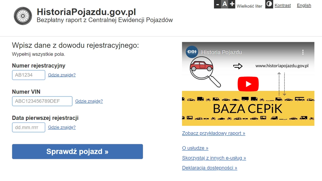 Serwis historiapojazdu.gov.pl korzysta z danych zapisanych w CEPiK.