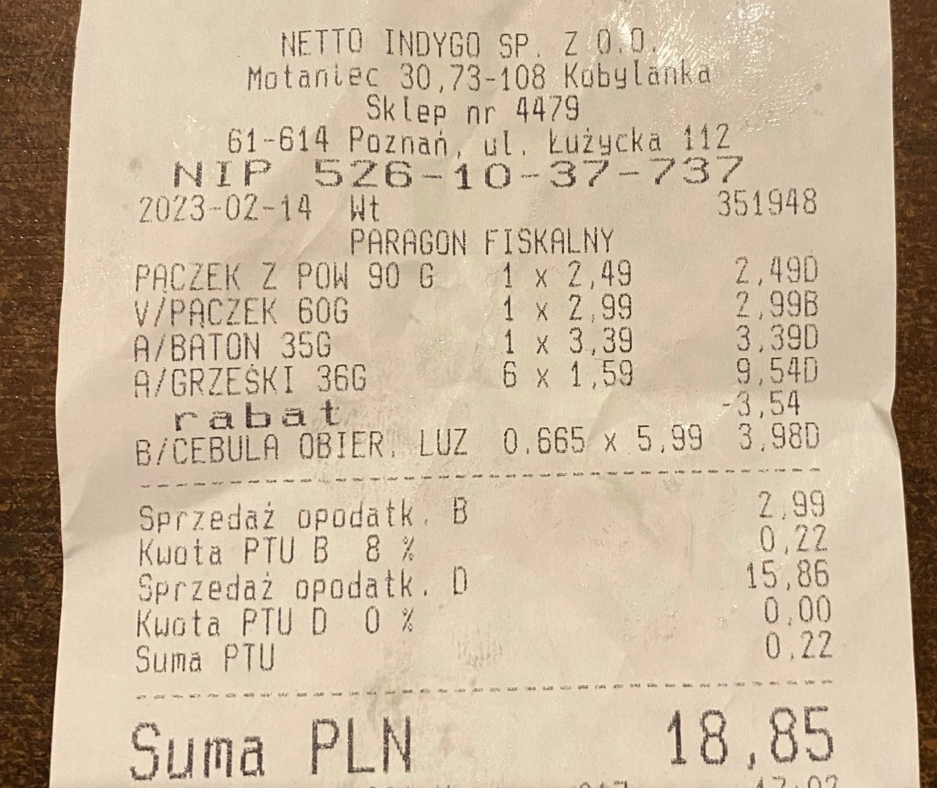 Paragon z cenami pączków w Netto na tłusty czwartek
