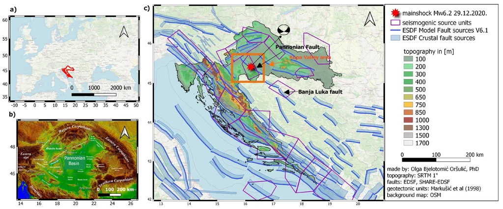 Rysunek przedstawia położenie Republiki Chorwacji (a), struktury Basenu Panońskiego (b) oraz jednostek geotektonicznych oraz uskoków i stref sejsmicznych w Chorwacji (c).