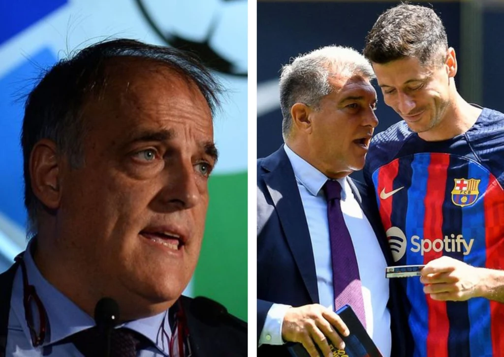 Javier Tebas / Joan Laporta i Robert Lewandowski Javier Tebas / Joan Laporta i Robert Lewandowski