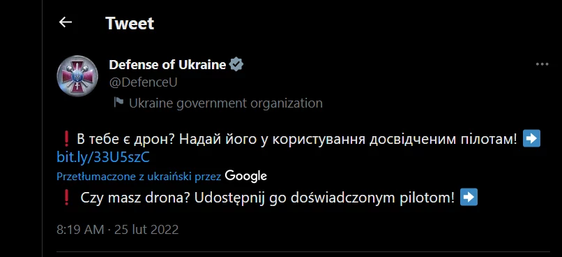 Post na Twitterze ukraińskiego Ministerstwa Obrony z prośbą o udostępnianie prywatnych dla dronów ukraińskiej armii i linkiem do potrzebnych instrukcji