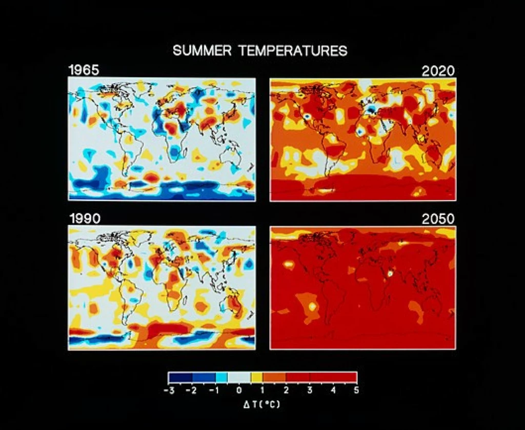 Wygenerowane komputerowo obrazy przedstawiające przewidywany wzrost temperatury powietrza przy powierzchni ziemi do roku 2050