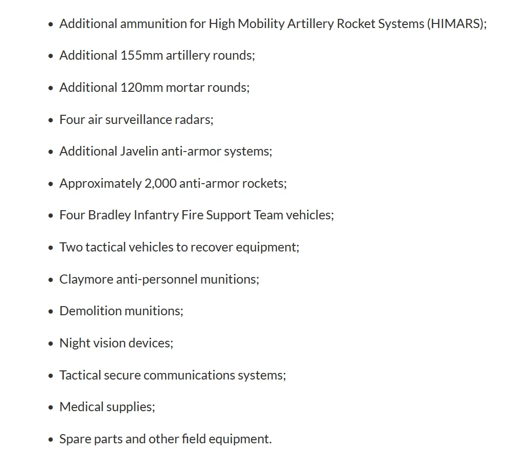 Lista rzeczy, jakie zawiera nowy pakiet pomocy Ukrainie, opublikowany na stronie Departamentu Obrony Stanów Zjednoczonych