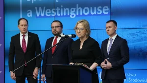 Podpisanie umowy Bridge Contract pomiędzy spółką Polskie Elektrownie Jądrowe oraz Westinghouse Electric Company. N/z: Mark Brzeziński, Anna Moskwa, Mateusz Berger