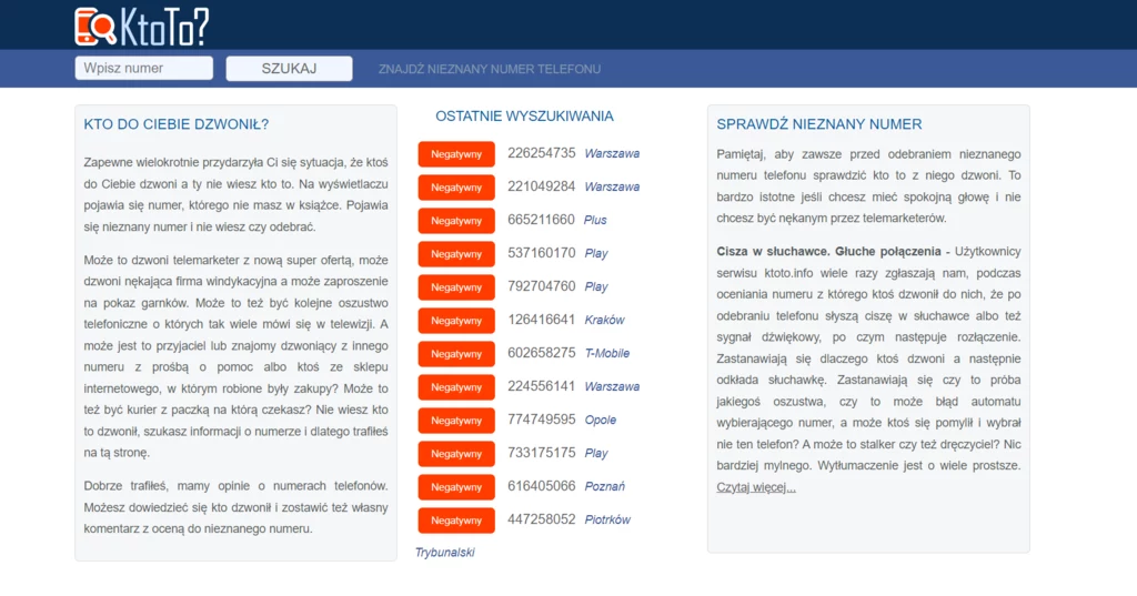 Ktoto.info to popularna strona internetowa, która pozwala na weryfikację połączeń telefonicznych z nieznanych numerów