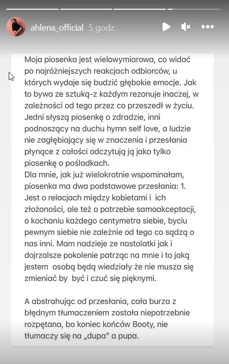 Komentarz Ahleny na Instagramie