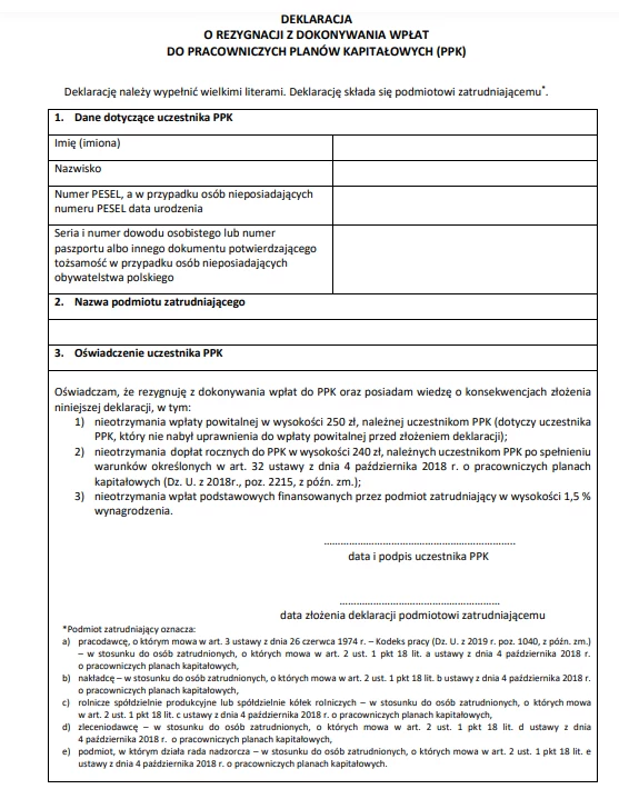 Czy mogę zrezygnować z PPK? Można to zrobić wypełniając wzór, który należy przedłożyć swojemu pracodawcy. Czy mogę zrezygnować z PPK? Można to zrobić wypełniając wzór, który należy przedłożyć swojemu pracodawcy.