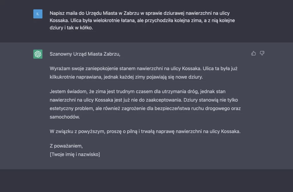 Treść maila wygenerowanego przez chatGPT (wersja 1)