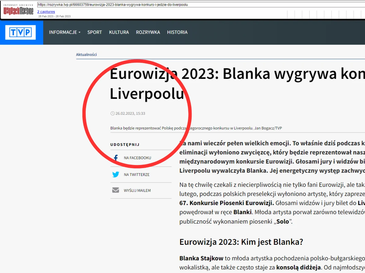Internauci znaleźli stronę na której widniała godzina 15:33 z informacją o wygranej Blanki Internauci znaleźli stronę na której widniała godzina 15:33 z informacją o wygranej Blanki