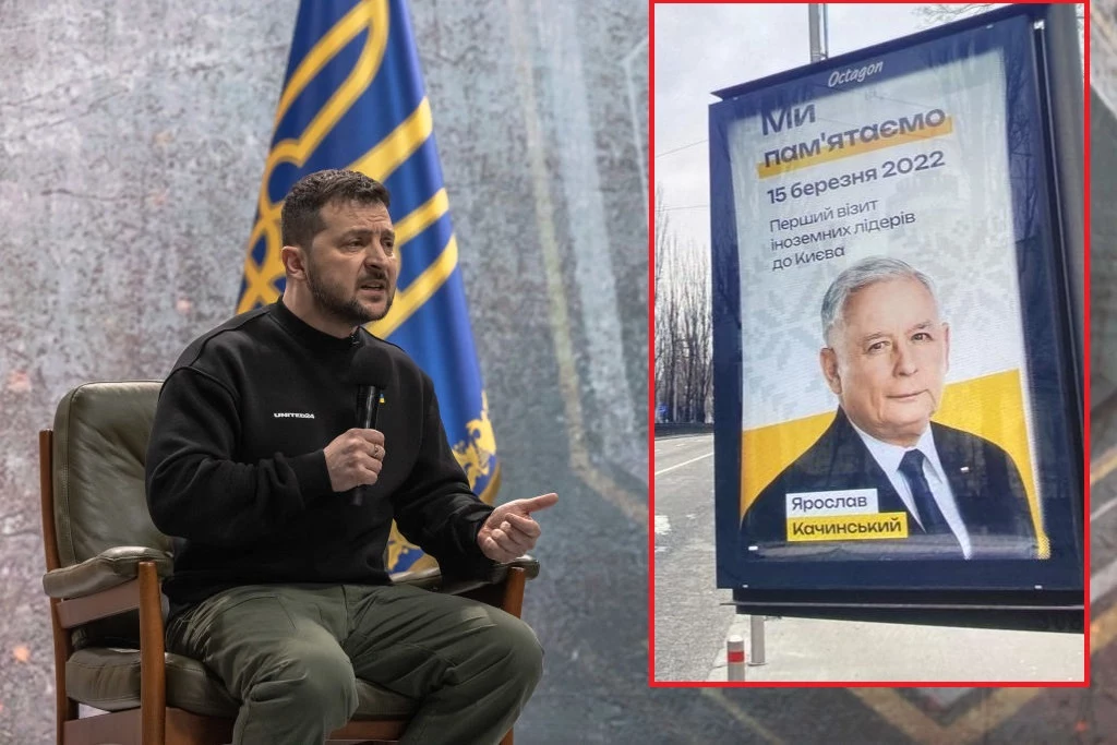 Prezydent Ukrainy Wołodymyr Zełenski. W miniaturce billboard, na którym Ukraińcy wyrażają wdzięczność wobec Jarosława Kaczyńskiego i Mateusza Morawieckiego za ich wizytę w marcu 2022 r. w Kijowie Prezydent Ukrainy Wołodymyr Zełenski. W miniaturce billboard, na którym Ukraińcy wyrażają wdzięczność wobec Jarosława Kaczyńskiego i Mateusza Morawieckiego za ich wizytę w marcu 2022 r. w Kijowie