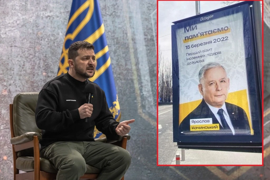 Prezydent Ukrainy Wołodymyr Zełenski. W miniaturce billboard, na którym Ukraińcy wyrażają wdzięczność wobec Jarosława Kaczyńskiego i Mateusza Morawieckiego za ich wizytę w marcu 2022 r. w Kijowie Prezydent Ukrainy Wołodymyr Zełenski. W miniaturce billboard, na którym Ukraińcy wyrażają wdzięczność wobec Jarosława Kaczyńskiego i Mateusza Morawieckiego za ich wizytę w marcu 2022 r. w Kijowie