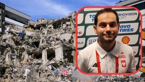 Burak Ercan na pierwszym planie, w tle katastrofalne skutki trzęsienia ziemi w Turcji. Tu zespół wyburzeniowy pracuje w dystrykcie Nurdagi w Gaziantep