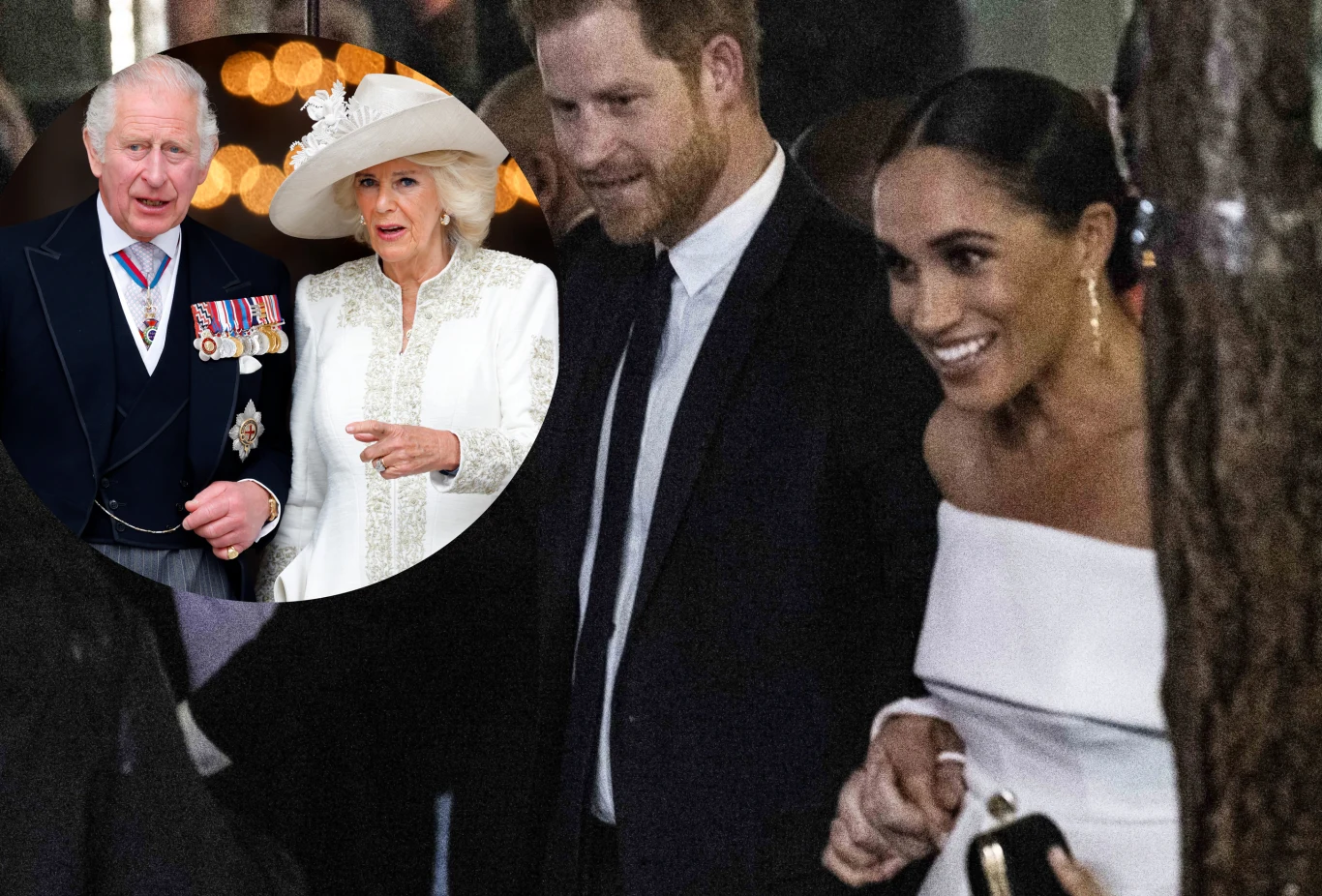 Król Karol III z żoną Camillą i książę Harry z Meghan Markle Król Karol III z żoną Camillą i książę Harry z Meghan Markle