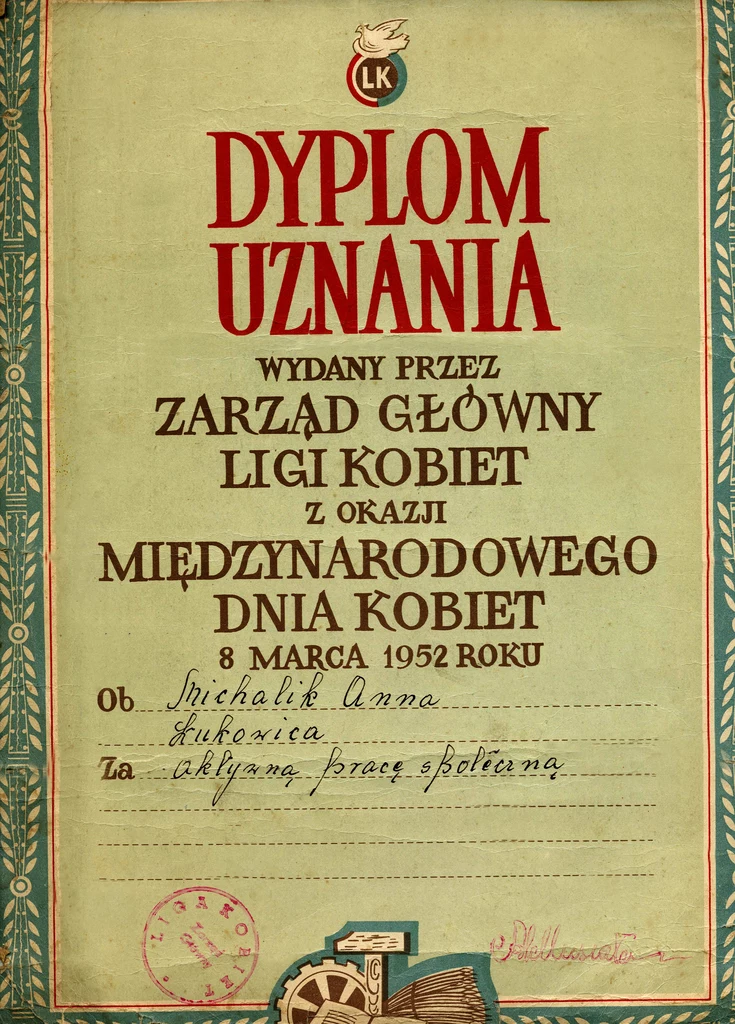 Międzynarodowy Dzień Kobiet 8 marca 1952 rok. Dyplom Uznania od Ligi Kobiet za prace społeczną