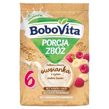 BoboVita Porcja zbóż Delikatna mleczna owsianka z ryżem malina-banan po 6 miesiącu 210 g - 0