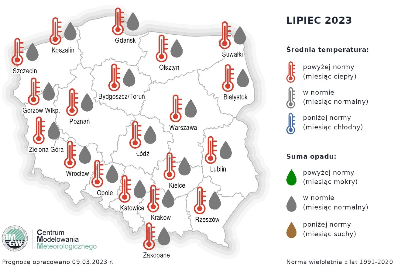 Mapa z eksperymentalną prognozą pogody IMGW na lipiec 2023.