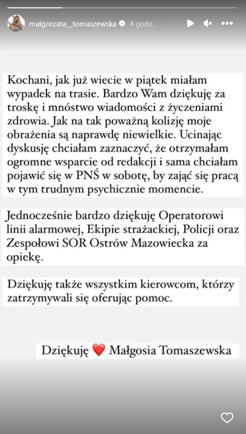 Małgorzata Tomaszewska po wypadku dziękuje wszystkim na Instagramie
