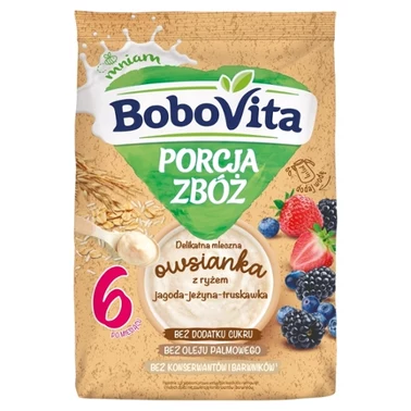 BoboVita Porcja zbóż Delikatna mleczna owsianka z ryżem jagoda-jeżyna-truskawka po 6 miesiącu 210 g - 0