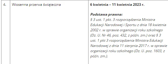 Kalendarz roku szkolnego 2022/2023. Termin wiosennej przerwy świątecznej