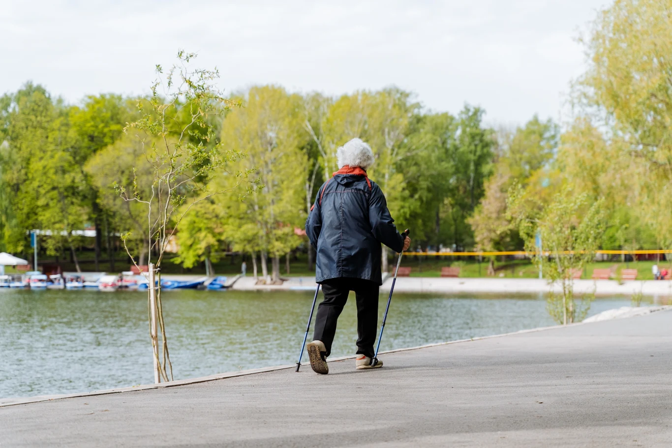 Starsza kobieta spaceruje z kijami do nordick walking przy brzegu jeziorka