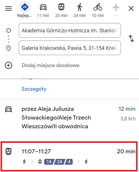 W Google Maps można sprawdzić, którym tramwajem lub autobusem dojedziemy najszybciej w pożądane miejsce.