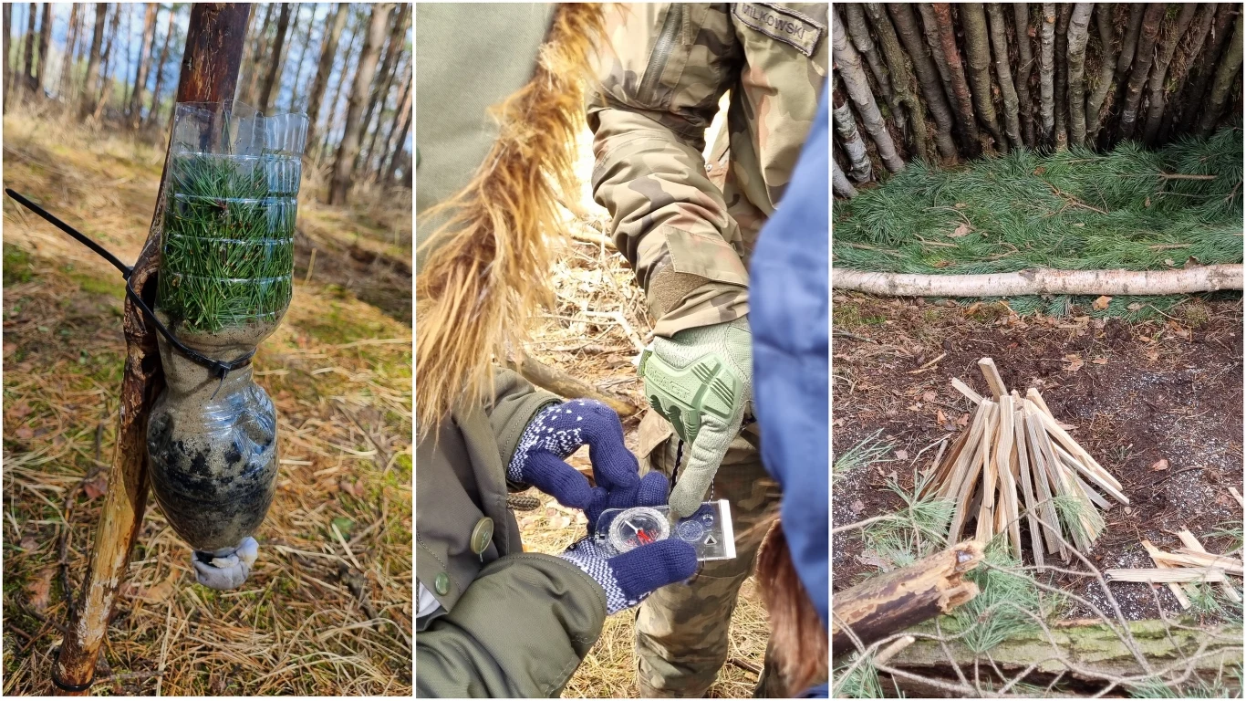 Podczas części survivalowej uczyliśmy się m.in. uzdatniać wodę, posługiwać kompasem i budować schronienie w lesie.