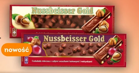 Nussbeisser Gold Czekolada mleczna z całymi orzechami laskowymi i rodzynkami 220 g
