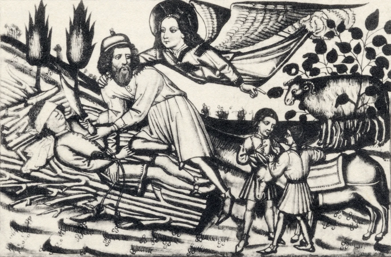 Abraham składa w ofierze swojego syna — Izaaka, "Biblia Medieval Romanceada", 1925 r. Abraham składa w ofierze swojego syna — Izaaka, "Biblia Medieval Romanceada", 1925 r.